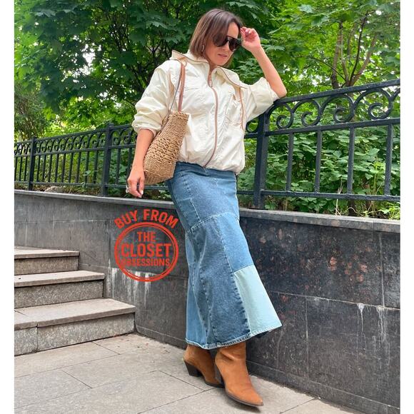 MANGO Patchwork Denim Midi Skirt NWT | Blue Cotton A-Line - Picture 12 of 16